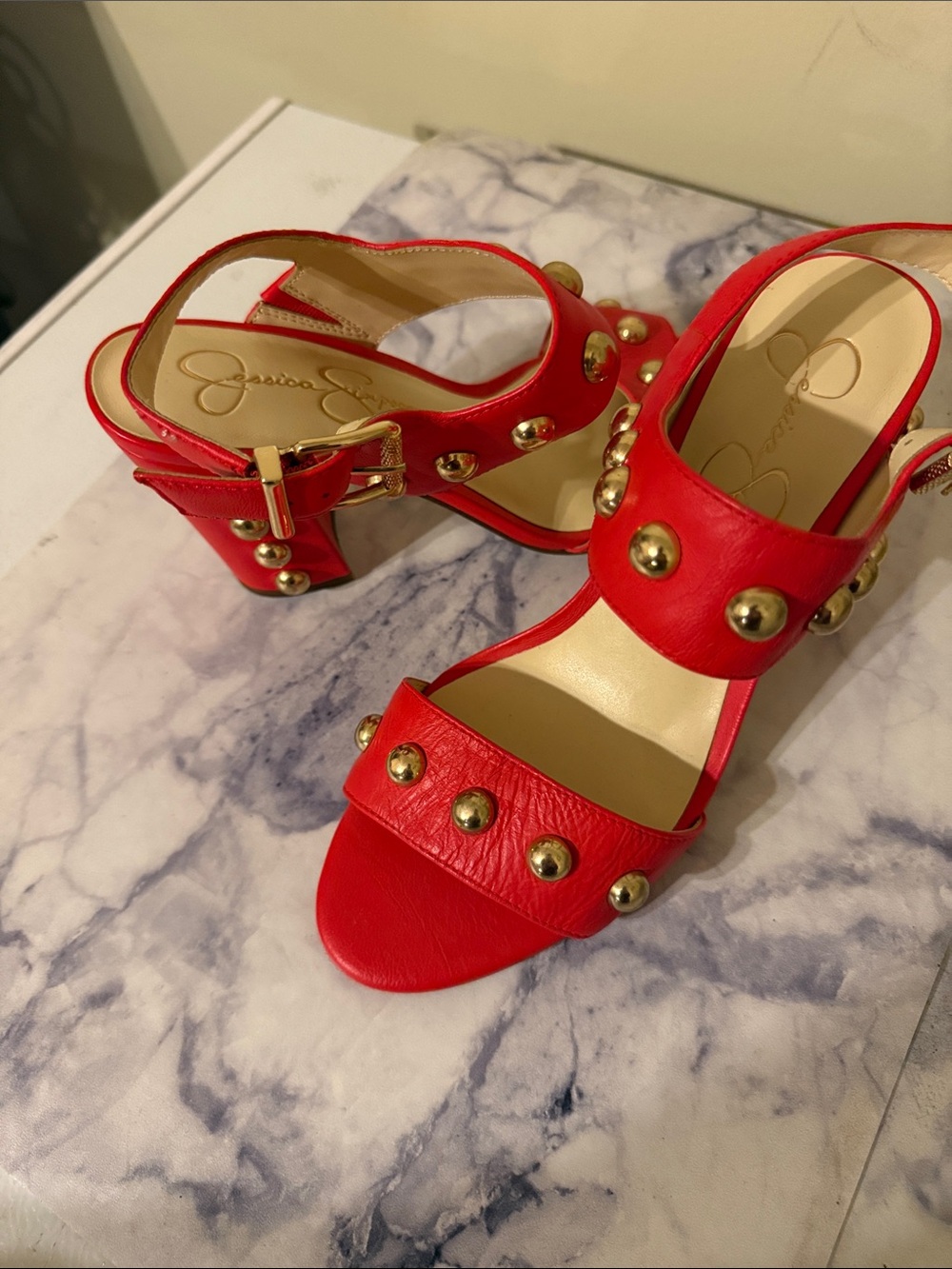 Jessica Simpson Red Block Heel Sandals with Gold Studs